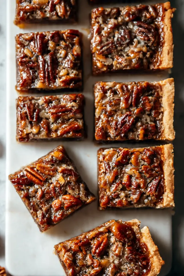 Lazy girl pecan pie bars cut into squares on a marble board showing golden caramel filling and shortbread crust