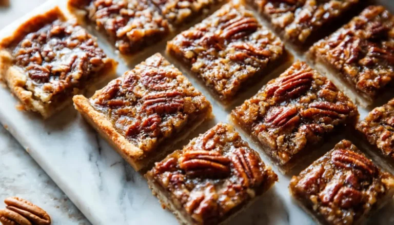 Lazy girl pecan pie bars cut into squares on a marble board showing golden caramel filling and shortbread crust
