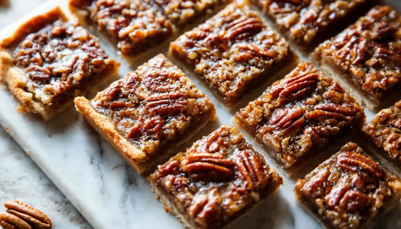 Lazy girl pecan pie bars cut into squares on a marble board showing golden caramel filling and shortbread crust