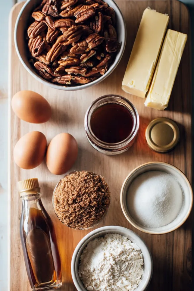 Ingredients for pecan pie bars laid out on a wooden surface including pecan halves, butter, eggs, corn syrup, and sugars