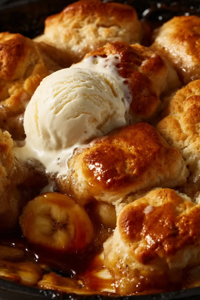 Southern banana cobbler in a ceramic baking dish with golden brown crust and caramelized banana filling