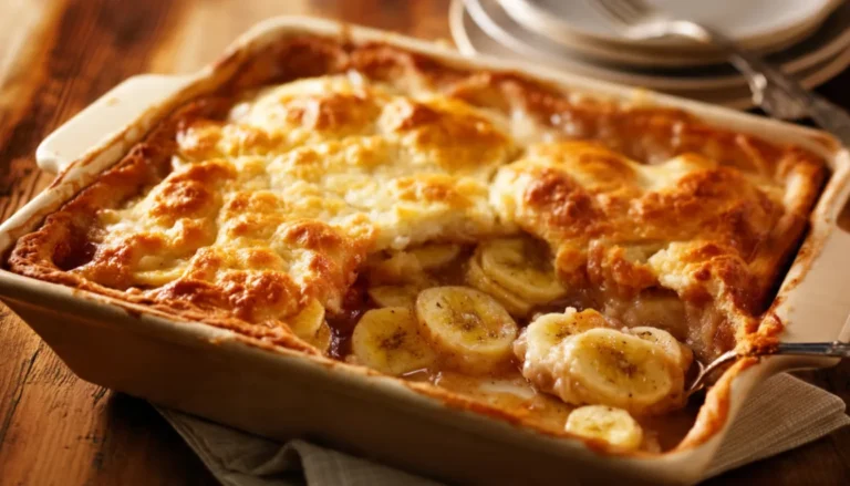 Southern banana cobbler in a ceramic baking dish with golden brown crust and caramelized banana filling