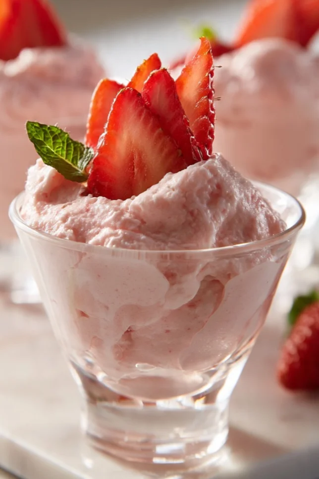 Three glass cups of strawberry cream mousse topped with fresh strawberries on a white marble surface