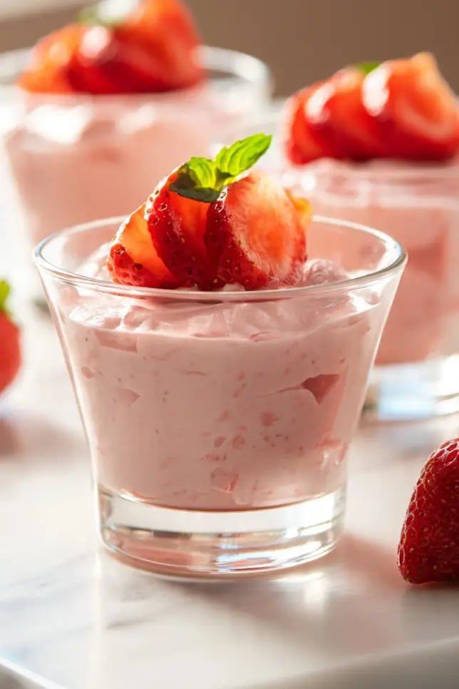 Three glass cups of strawberry cream mousse topped with fresh strawberries on a white marble surface