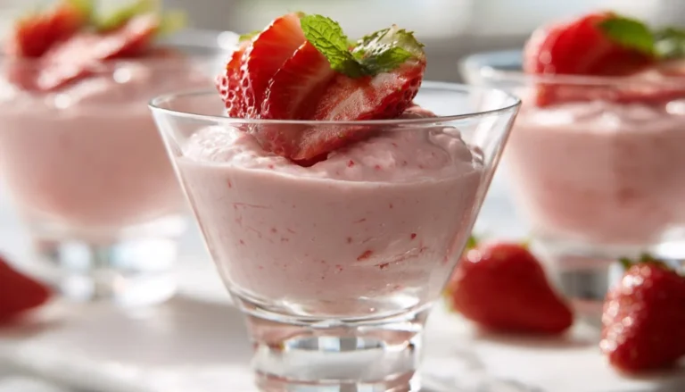 Three glass cups of strawberry cream mousse topped with fresh strawberries on a white marble surface