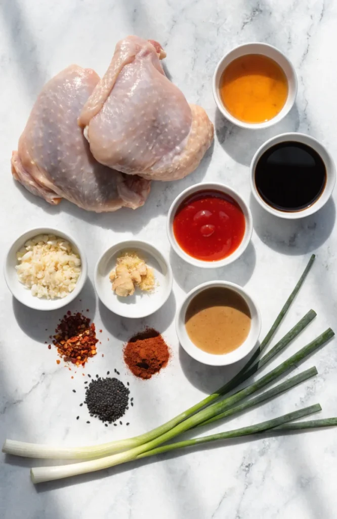 Ingredients for sweet and spicy chicken recipe including honey, sriracha, soy sauce, garlic, ginger, and raw chicken thighs