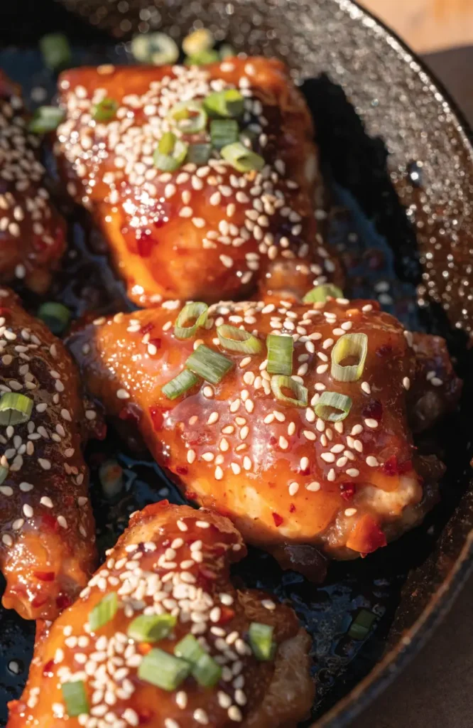 Sweet and spicy chicken thighs in a cast iron skillet with sticky honey glaze, sesame seeds, and green onions