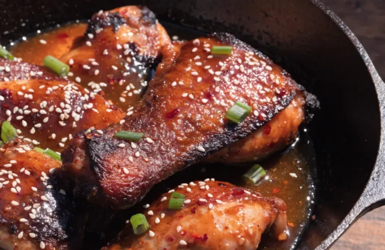 Sweet and spicy chicken thighs in a cast iron skillet with sticky honey glaze, sesame seeds, and green onions