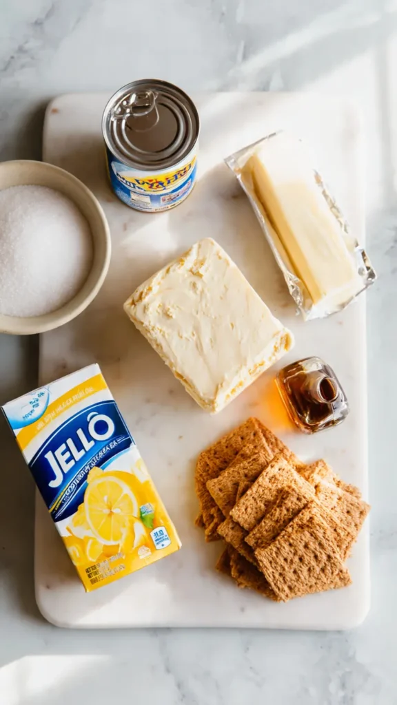 Woolworth cheesecake ingredients laid out including cream cheese, lemon Jell-O, evaporated milk, and graham crackers