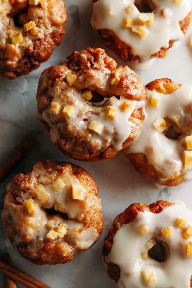 Baked apple fritter donuts with thick vanilla glaze on a marble surface surrounded by fresh apple slices and cinnamon sticks