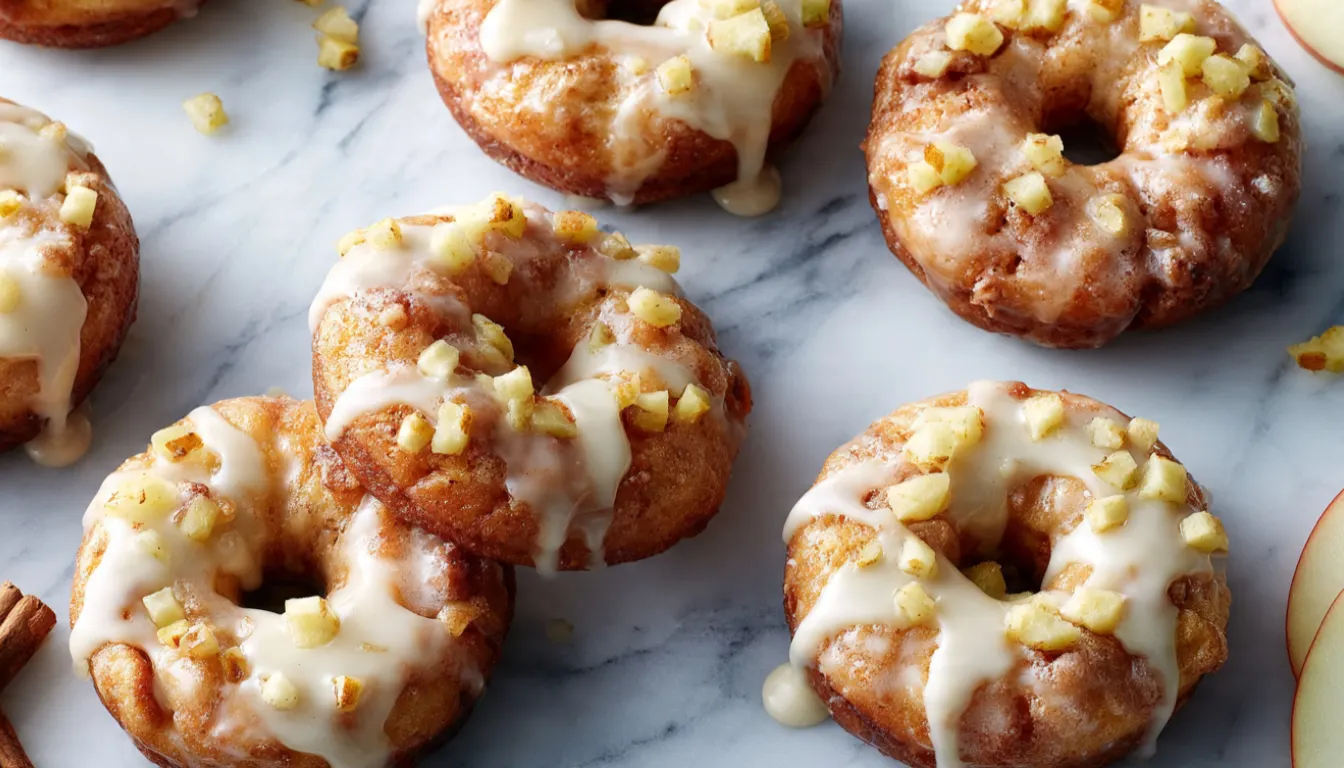 Baked apple fritter donuts with thick vanilla glaze on a marble surface surrounded by fresh apple slices and cinnamon sticks