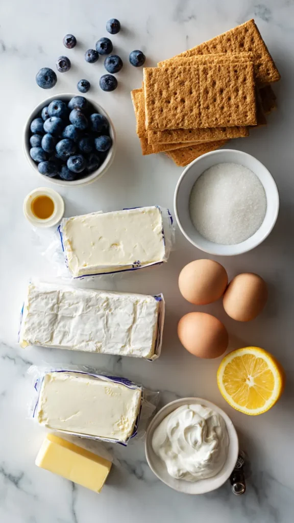 Overhead flat lay of all ingredients needed for blueberry cheesecake bars including cream cheese, fresh blueberries, graham crackers, eggs, butter, and sugar on white marble