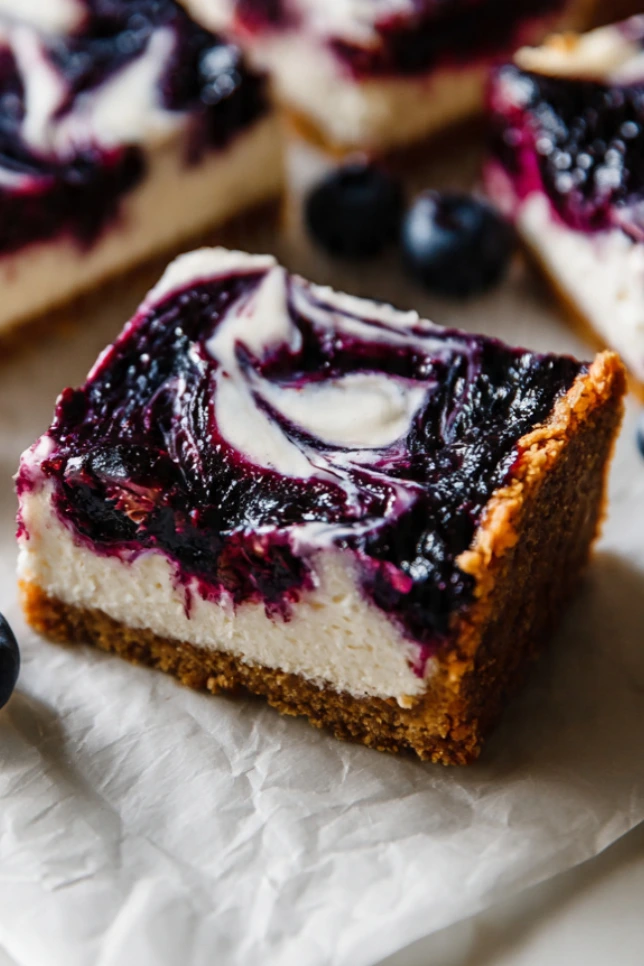Overhead view of blueberry cheesecake bars on white parchment paper with fresh blueberries scattered around