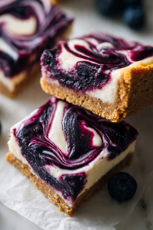 Overhead view of blueberry cheesecake bars on white parchment paper with fresh blueberries scattered around