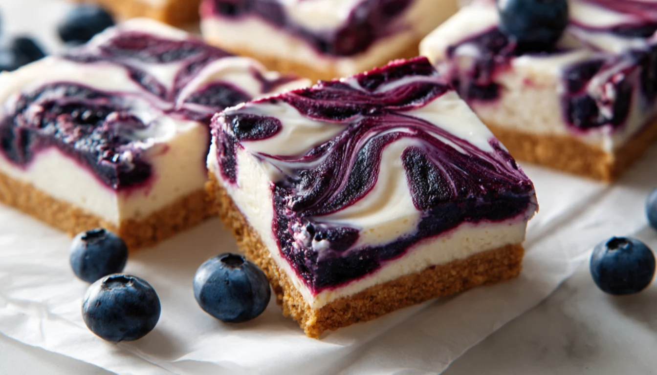 Overhead view of blueberry cheesecake bars on white parchment paper with fresh blueberries scattered around