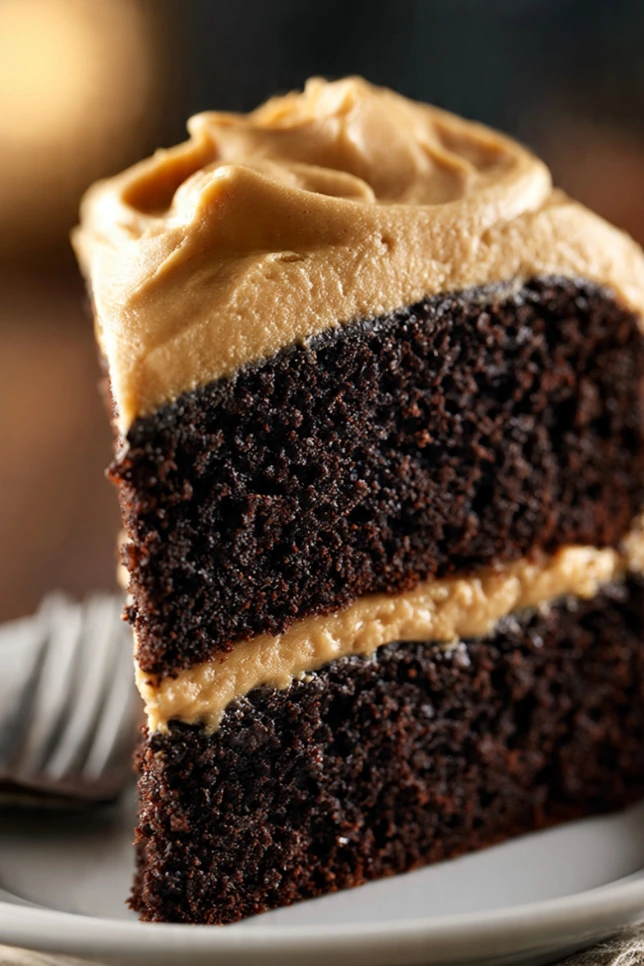 Two-layer homemade chocolate cake with peanut butter frosting on a white cake stand with one slice cut away