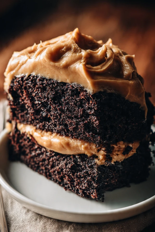 Two-layer homemade chocolate cake with peanut butter frosting on a white cake stand with one slice cut away
