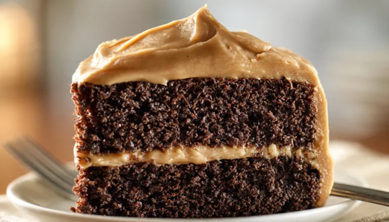 Two-layer homemade chocolate cake with peanut butter frosting on a white cake stand with one slice cut away