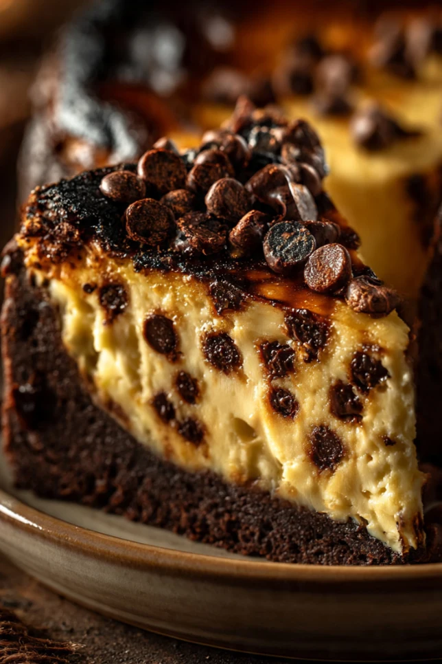 Whole chocolate chip brownie Basque cheesecake on dark slate board with caramelized top and melted chocolate chips