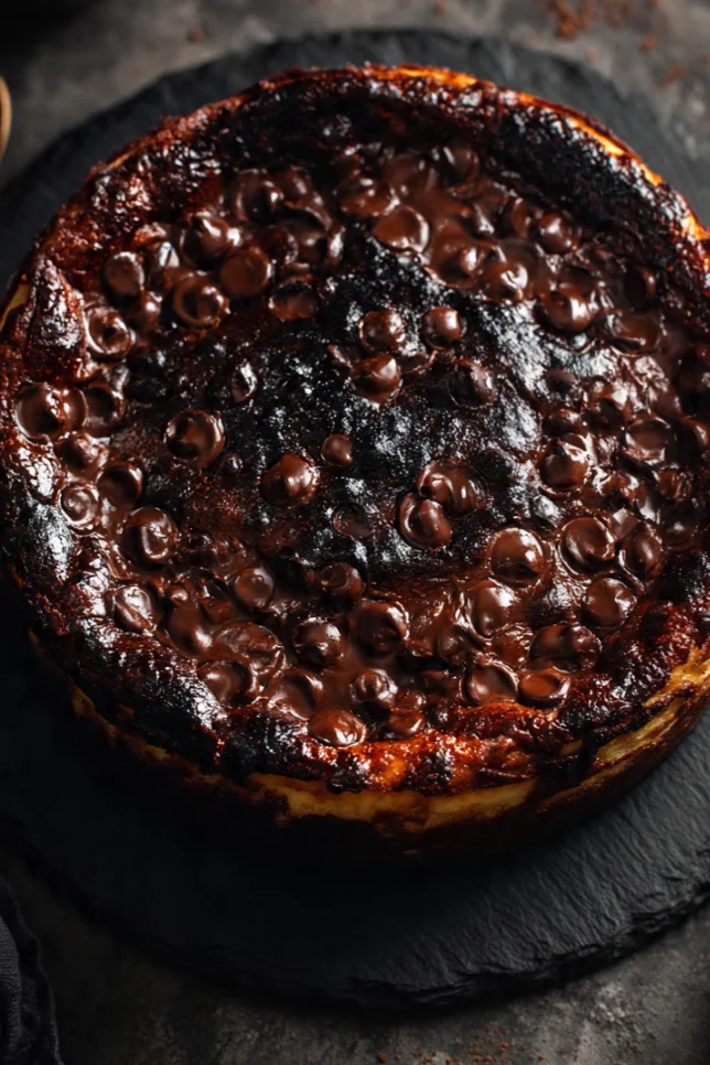 Whole chocolate chip brownie Basque cheesecake on dark slate board with caramelized top and melted chocolate chips
