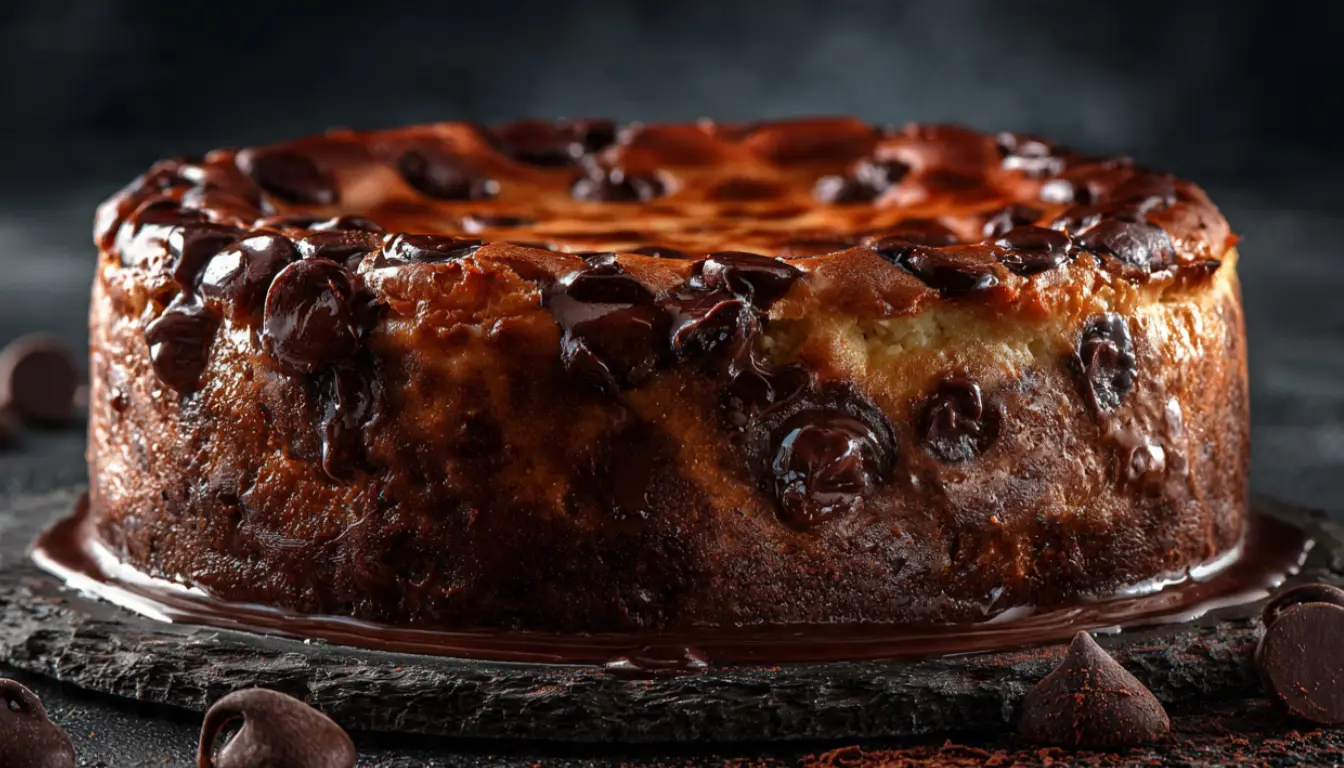 Whole chocolate chip brownie Basque cheesecake on dark slate board with caramelized top and melted chocolate chips