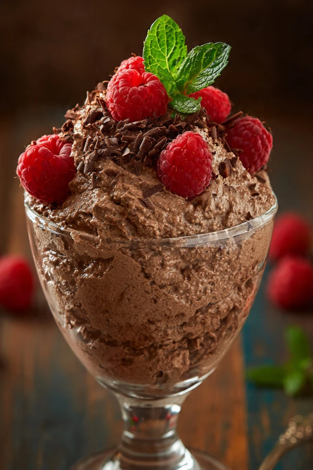Cottage cheese chocolate mousse served in a glass jar topped with fresh raspberries and dark chocolate shavings on a wooden table