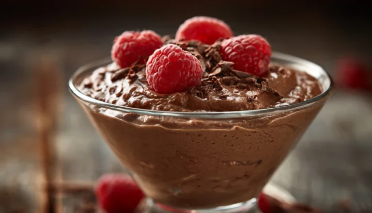 Cottage cheese chocolate mousse served in a glass jar topped with fresh raspberries and dark chocolate shavings on a wooden table
