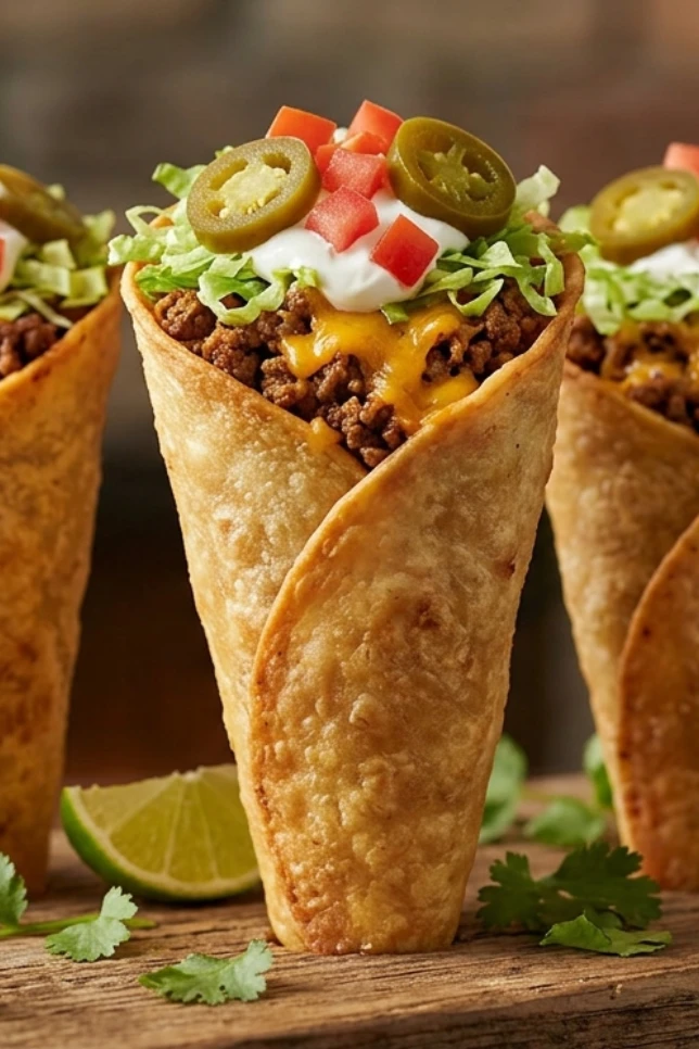 Three crispy beef tortilla cones standing upright on a wooden board topped with sour cream, lettuce, tomatoes and jalapeños