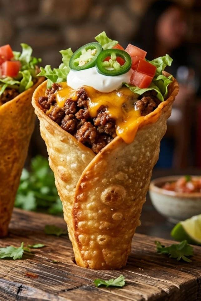 Three crispy beef tortilla cones standing upright on a wooden board topped with sour cream, lettuce, tomatoes and jalapeños