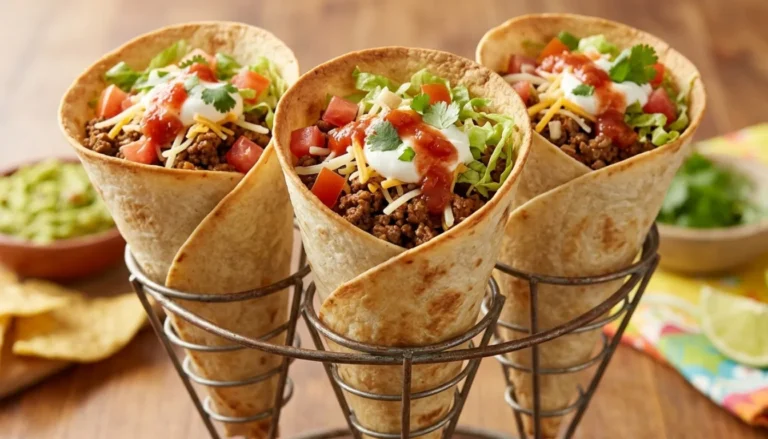 Three crispy beef tortilla cones standing upright on a wooden board topped with sour cream, lettuce, tomatoes and jalapeños
