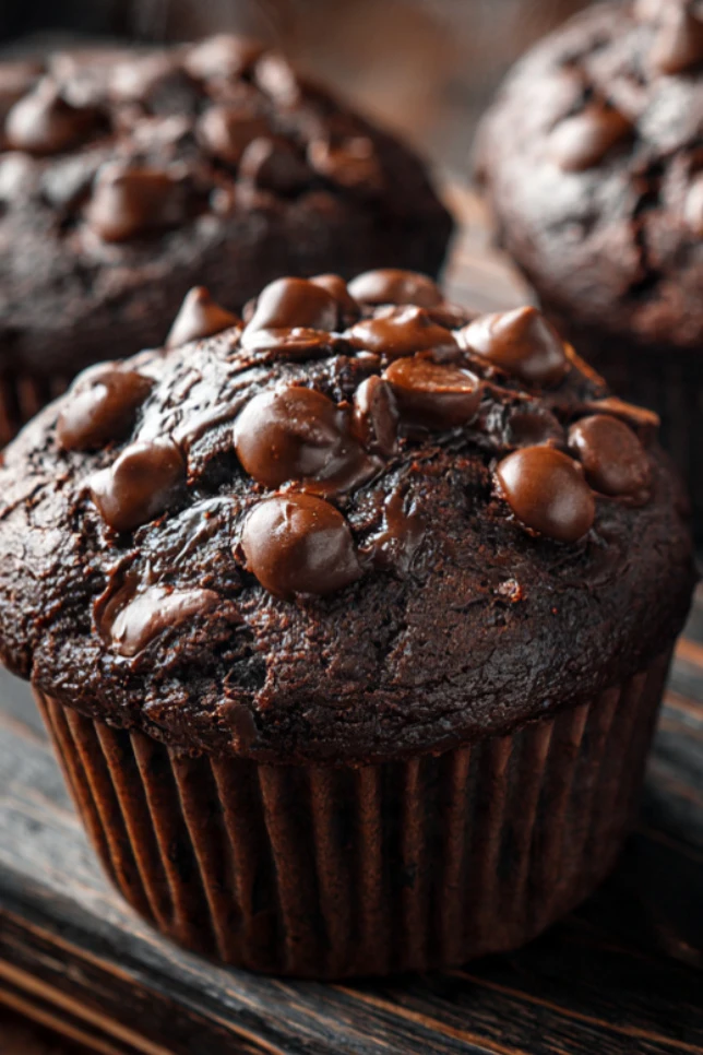 Double chocolate chip muffins with domed tops and melted chocolate chips on a wooden board