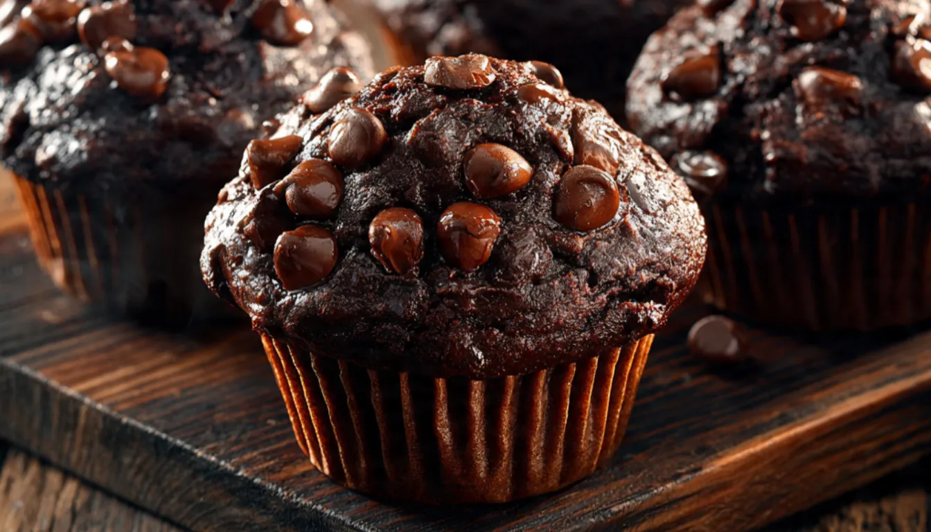 Double chocolate chip muffins with domed tops and melted chocolate chips on a wooden board