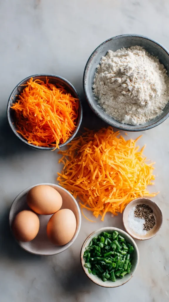 Ingredients for carrot and cheese pancakes including shredded carrots, cheddar cheese, eggs, and flour arranged on a marble counter