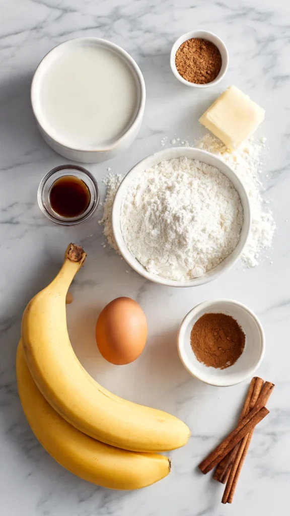 Overhead flat lay of banana pancake ingredients including ripe banana, egg, flour, milk, butter, vanilla, and cinnamon on white marble