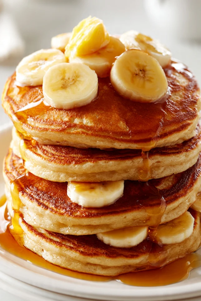 Stack of fluffy banana pancakes topped with banana slices and maple syrup on a white plate