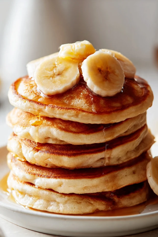 Stack of fluffy banana pancakes topped with banana slices and maple syrup on a white plate