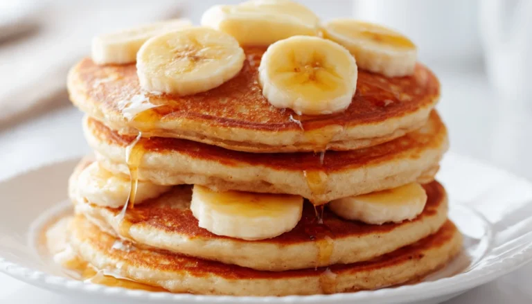Stack of fluffy banana pancakes topped with banana slices and maple syrup on a white plate