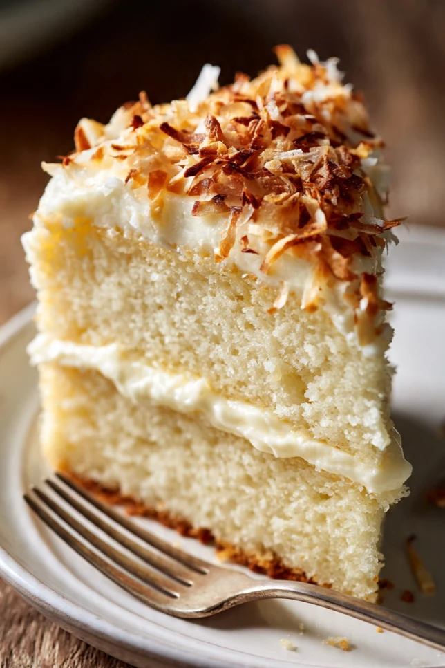Tall fluffy coconut cake covered in cream cheese frosting and toasted coconut flakes on a white cake stand with one slice pulled away