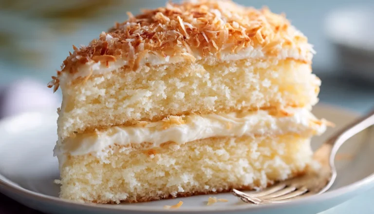 Tall fluffy coconut cake covered in cream cheese frosting and toasted coconut flakes on a white cake stand with one slice pulled away