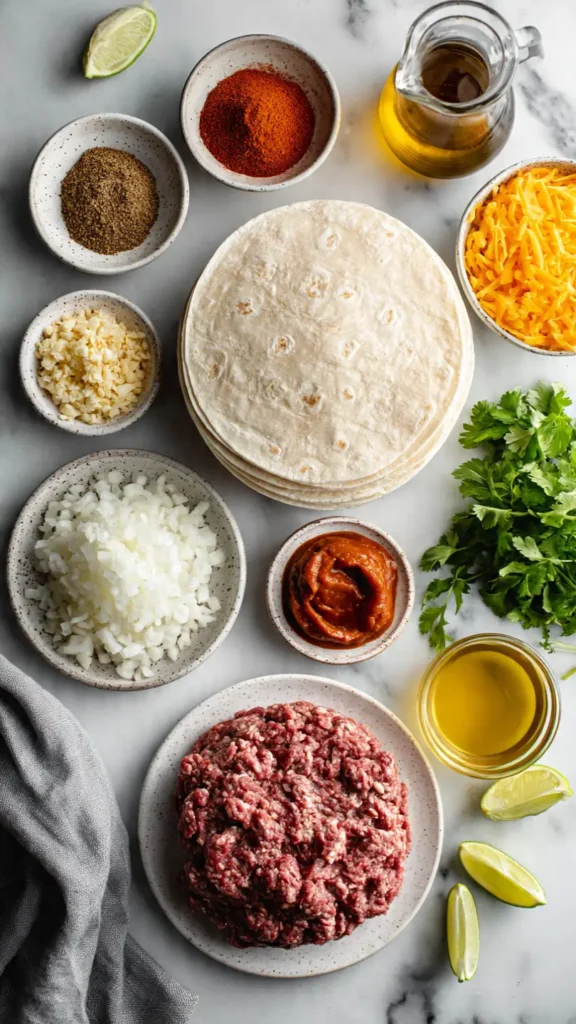 Flat lay of all ingredients for beef tortilla cones including ground beef, flour tortillas, cheese, spices and fresh toppings on white marble