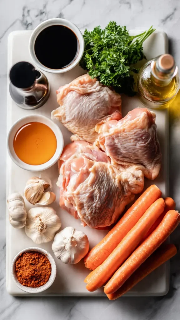 Raw ingredients for honey garlic chicken with carrots including chicken thighs, garlic, honey, soy sauce, carrots, and fresh parsley on marble surface