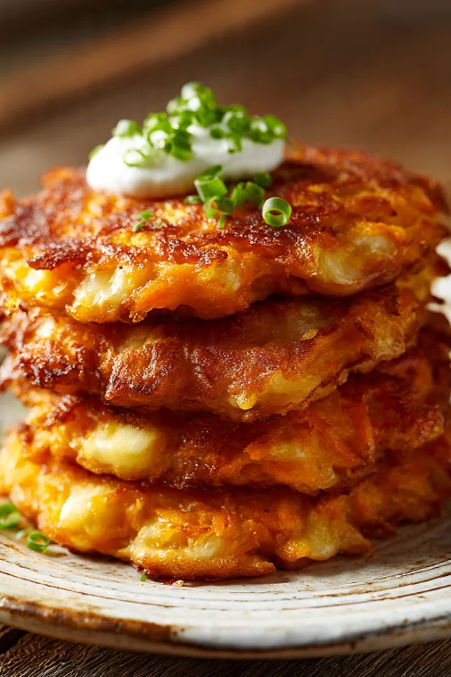 Crispy golden carrot and cheese pancakes stacked and topped with sour cream, a quick savory breakfast that's ready in 30 minutes