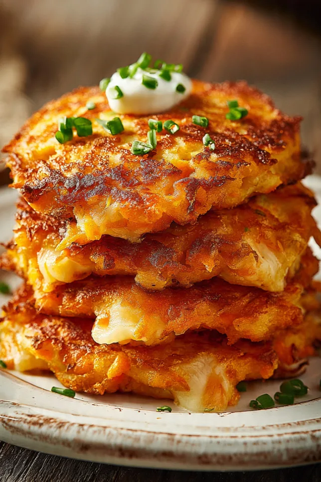 Crispy golden carrot and cheese pancakes stacked and topped with sour cream, a quick savory breakfast that's ready in 30 minutes
