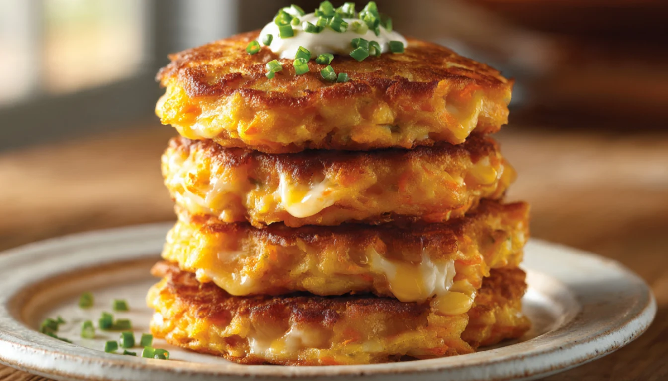 Crispy golden carrot and cheese pancakes stacked and topped with sour cream, a quick savory breakfast that's ready in 30 minutes