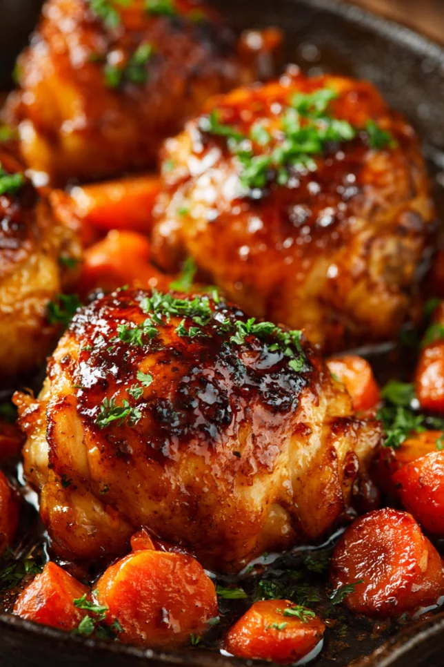 Honey garlic chicken thighs with caramelized carrots in a cast iron skillet garnished with fresh parsley