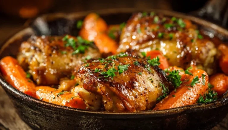 Honey garlic chicken thighs with caramelized carrots in a cast iron skillet garnished with fresh parsley