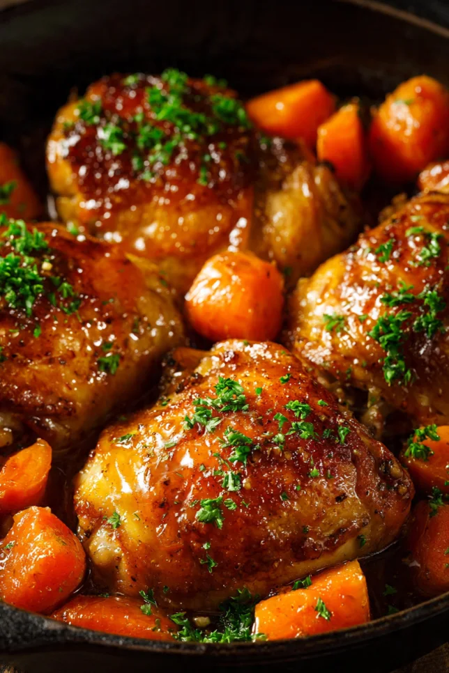 Honey garlic chicken thighs with caramelized carrots in a cast iron skillet garnished with fresh parsley