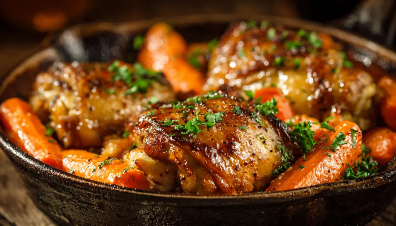 Honey garlic chicken thighs with caramelized carrots in a cast iron skillet garnished with fresh parsley