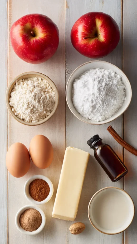 Flat lay of ingredients for baked apple fritter donuts including Honeycrisp apples, flour, eggs, butter, powdered sugar, cinnamon and vanilla extract