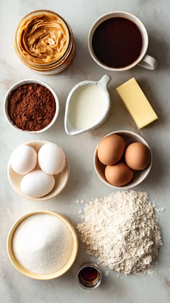 Flat lay of chocolate cake ingredients including cocoa powder, peanut butter, eggs, buttermilk, coffee, butter and flour on marble surface